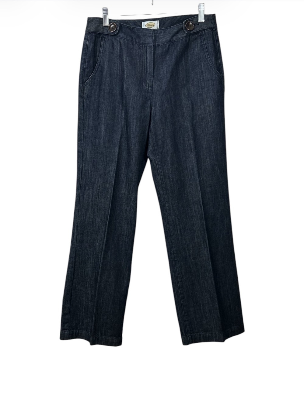 EUC Talbots Dark Indigo Wide-Leg Jeans Trousers wooden buttons pockets size 8